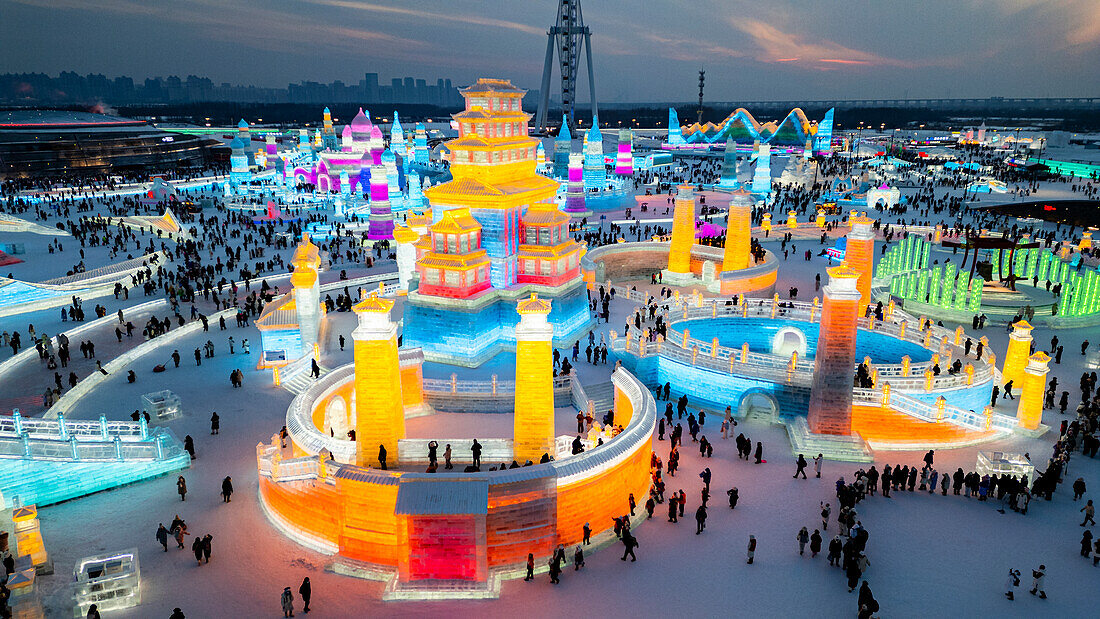 Aerial of the Illuminated buildings made out of ice, Ice International Ice and Snow Sculpture Festival, Harbin, Heilongjiang, China, Asia