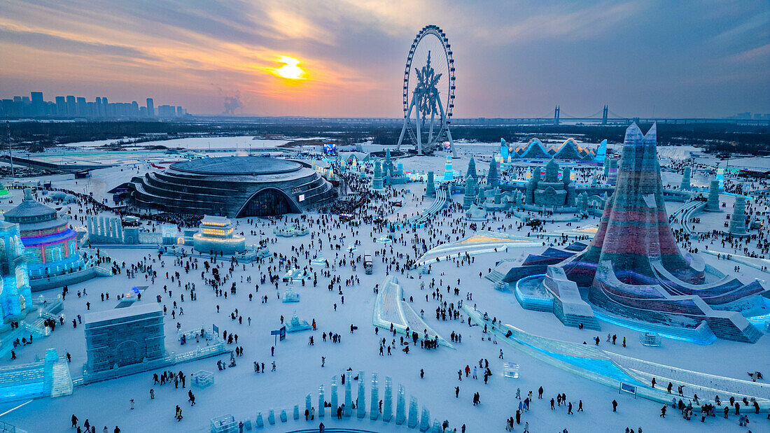 Aerial of the Illuminated buildings made out of ice, Ice International Ice and Snow Sculpture Festival, Harbin, Heilongjiang, China, Asia