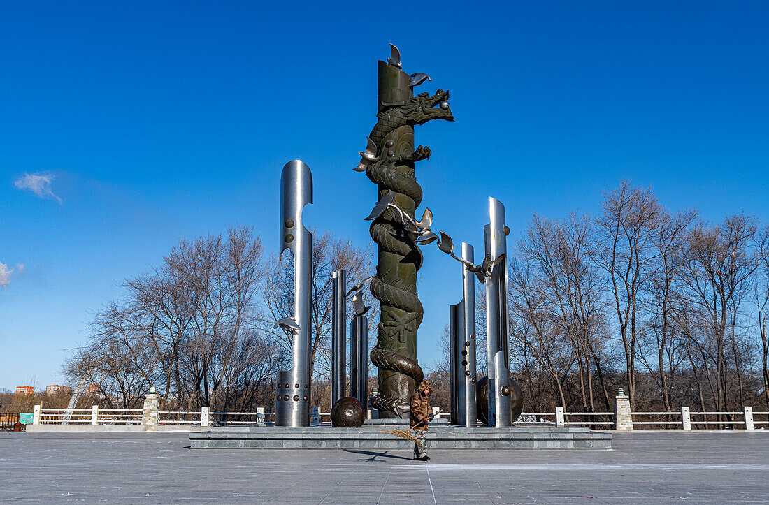 Denkmal am Amurufer, Heihe, Heilongjiang, China, Asien