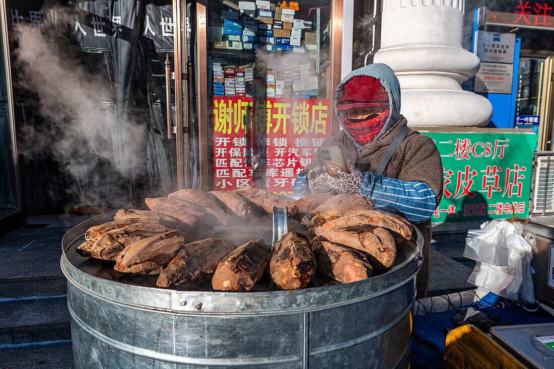 Street vendor in Heihe, Heilongjiang, China, Asia