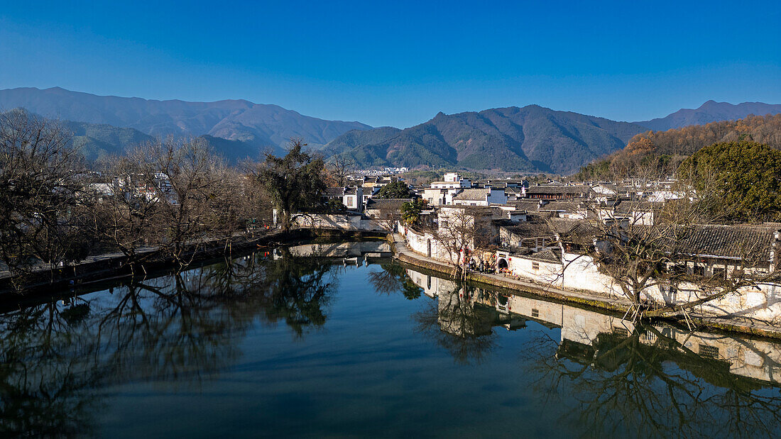 Aerial of Hongcun historical village, UNESCO World Heritage Site, Huangshan, Anhui, China, Asia