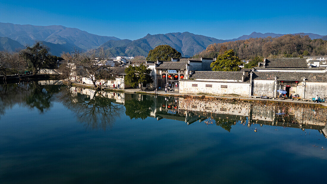 Aerial of Hongcun historical village, UNESCO World Heritage Site, Huangshan, Anhui, China, Asia