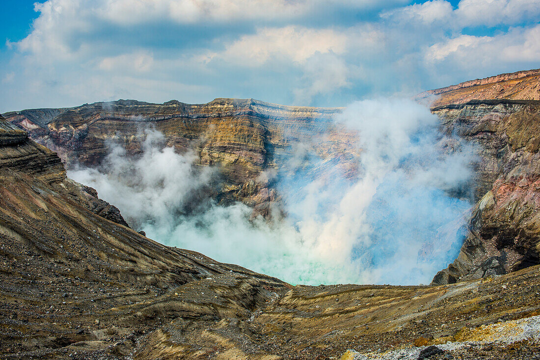 Mount Naka active crater lake, Mount Aso, Kyushu, Japan, Asia