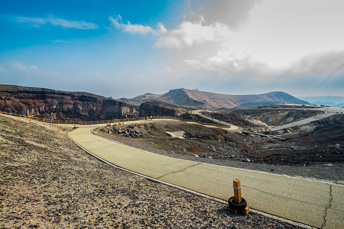 Crater rim path on Mount Naka, an active volcano, Mount Aso, Kyushu, Japan, Asia