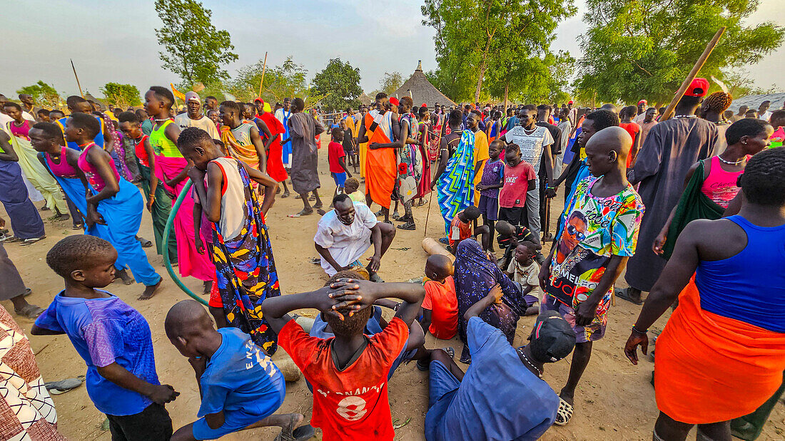 Crowds of locals at a traditional Dinka wedding, Bor, central region, South Sudan, Africa