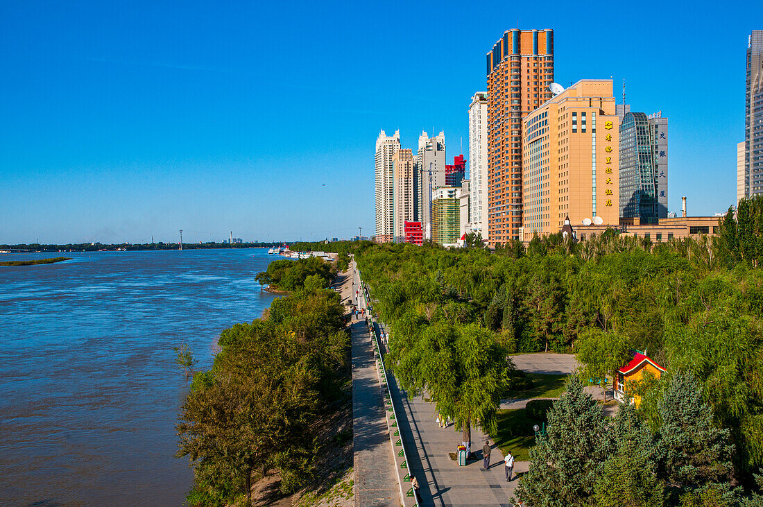 The skyline of Harbin with the Songhua River, Harbin, Heilongjiang, China, Asia