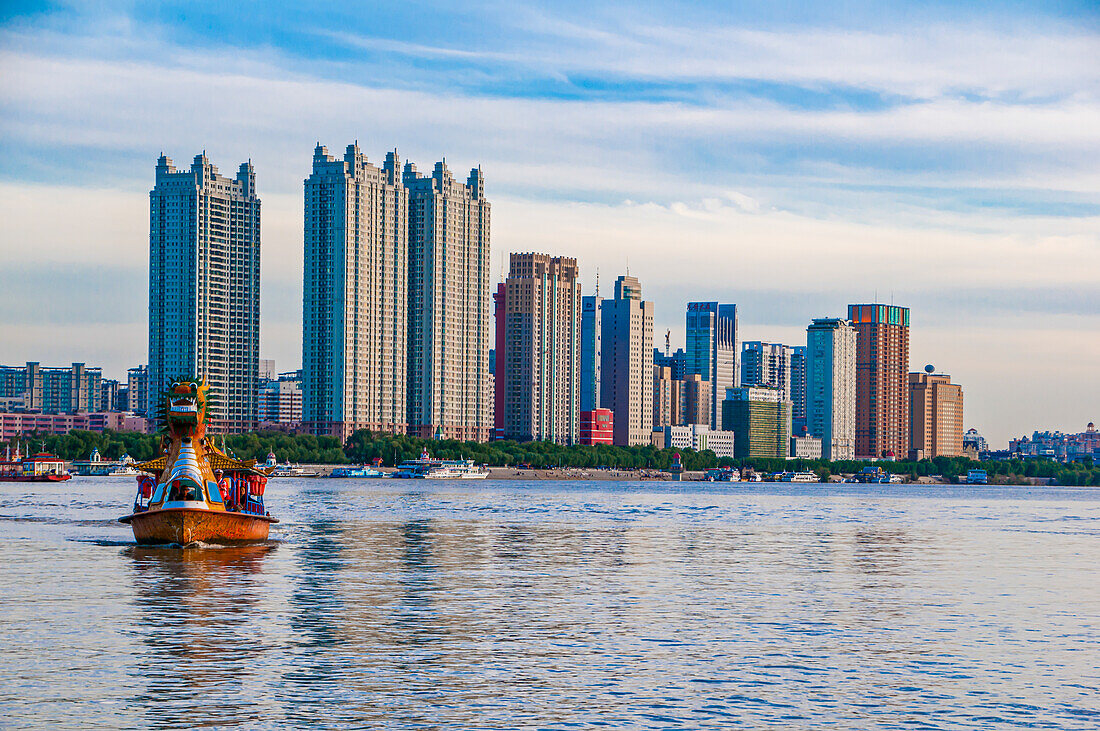 The skyline of Harbin with the Songhua River, Harbin, Heilongjiang, China, Asia