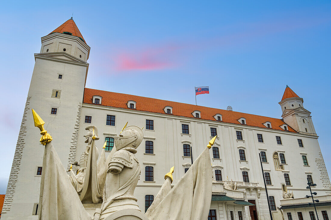 Stone Guards statues at Vienna Gate before Bratislava Baroque Castle, Bratislava, Slovakia, Europe