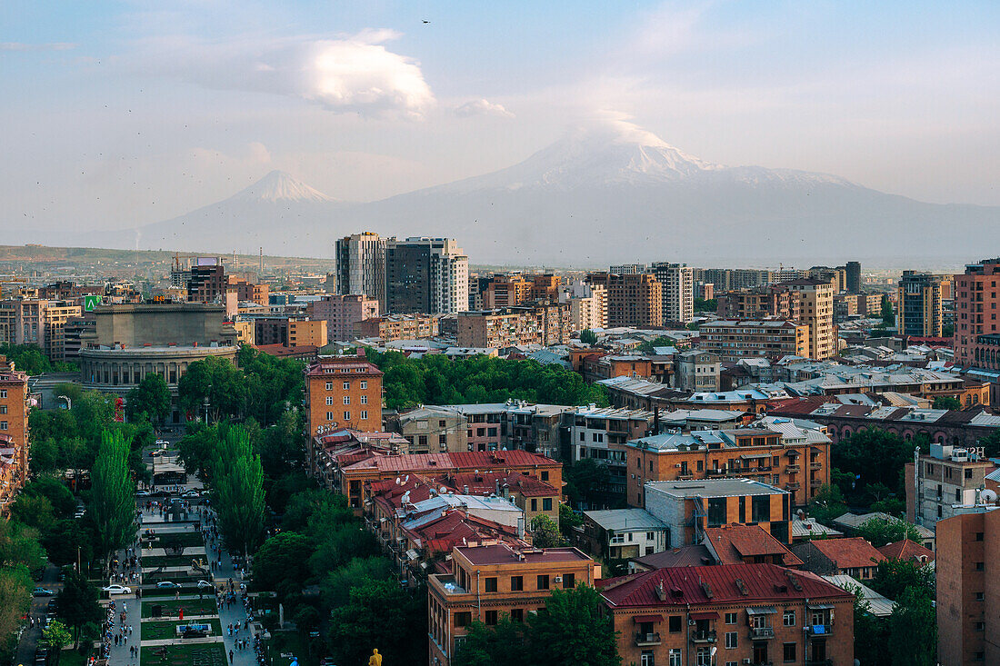 The view from the Cascade Complex of Mount Ararat and Yerevan, Armenia (Hayastan), Caucasus, Central Asia, Asia