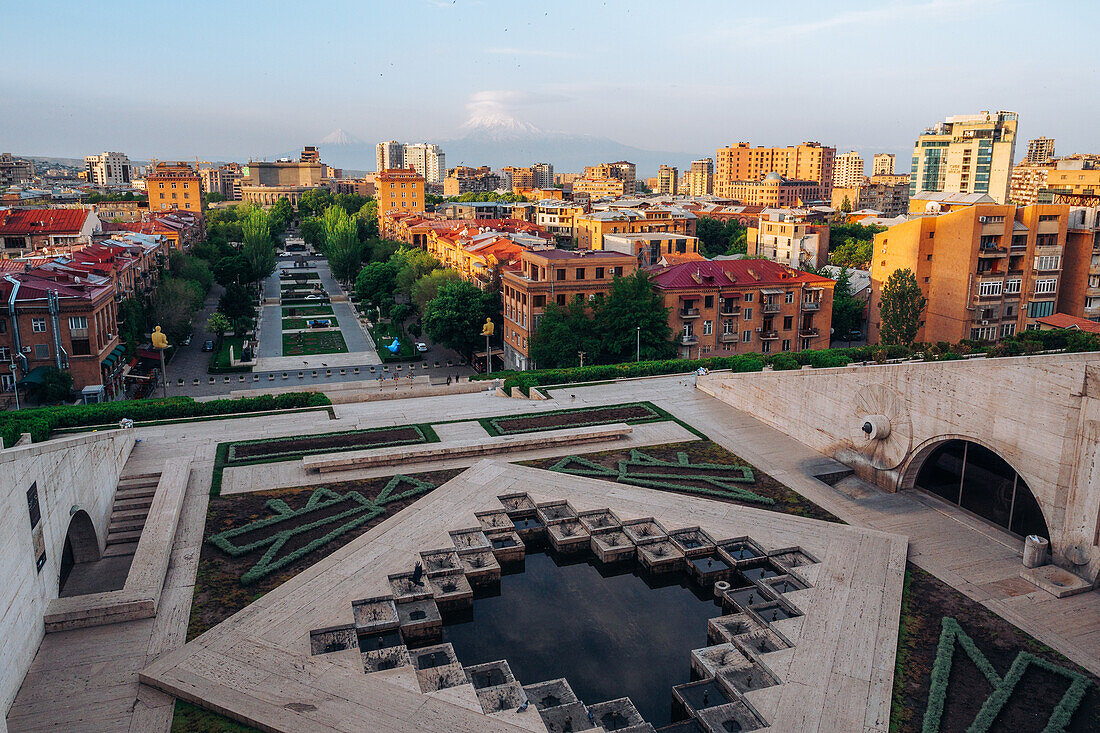 The view of Mount Ararat from the Cascade Complex in Yerevan, Armenia (Hayastan), Caucasus, Central Asia, Asia