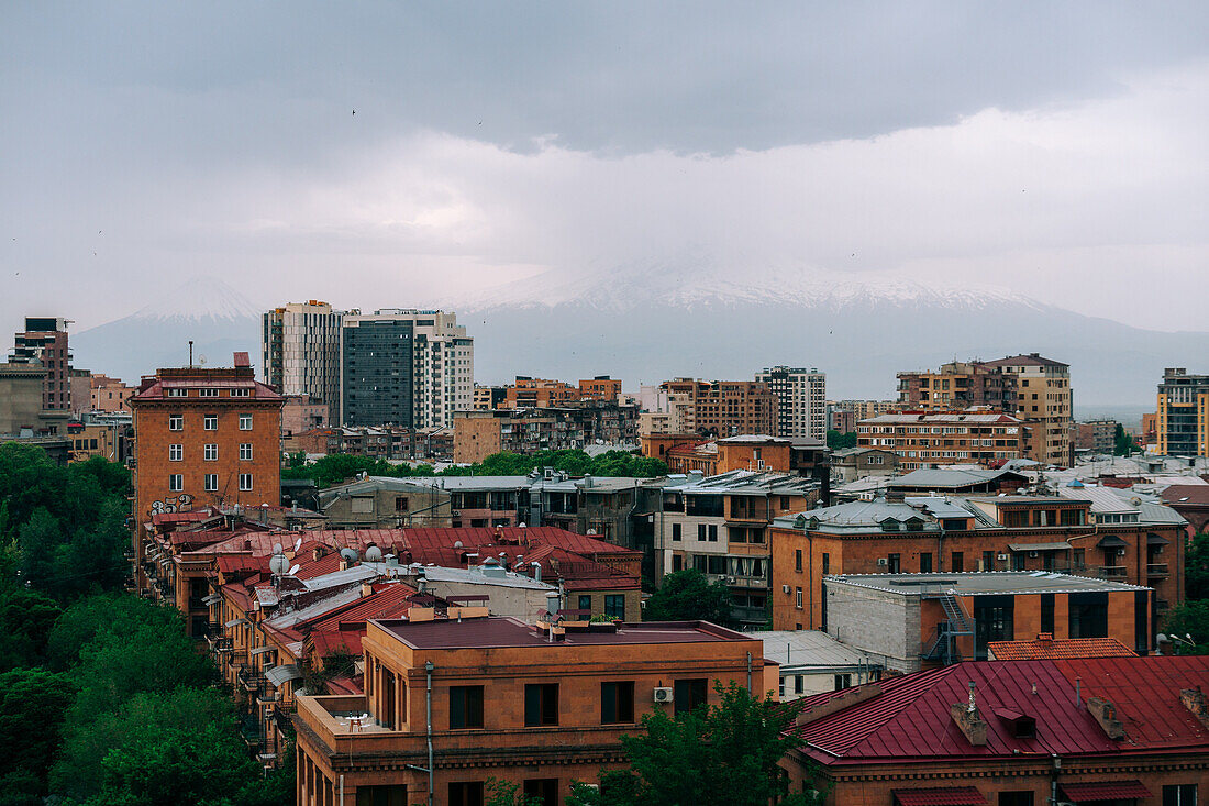 The view of Mount Ararat from the Cascade Complex in Yerevan, Armenia (Hayastan), Caucasus, Central Asia, Asia