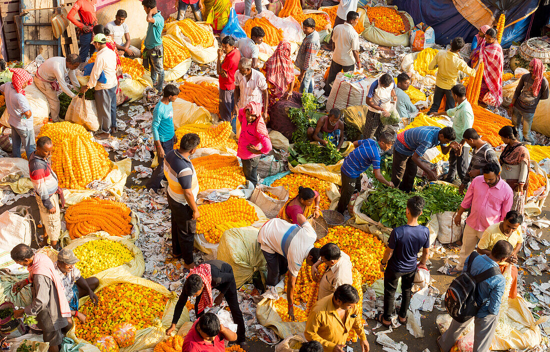 Howrah Bridge Mullick Ghat flower market, Howrah Bridge, Kolkata, West Bengal, India, Asia