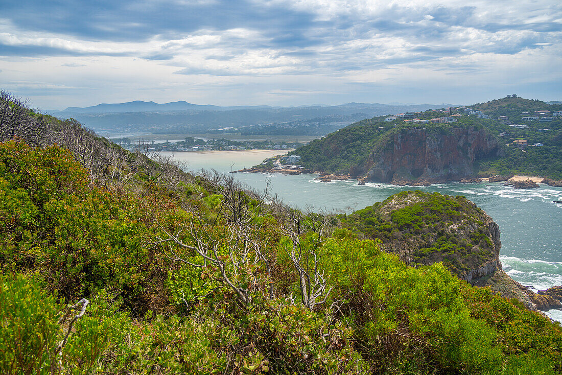 Blick auf die Heads und den Knysna-Fluss vom Featherbed Nature Reserve, Knysna, Garden Route, Westkap, Südafrika, Afrika