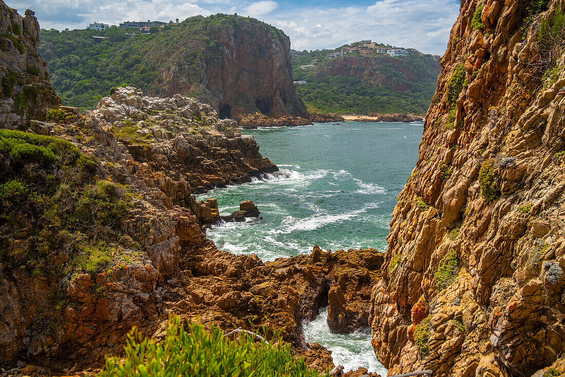 Blick auf den Featherbed-Küstenwanderweg und die Küste im Featherbed Nature Reserve, Knysna, Garden Route, Westkap, Südafrika, Afrika