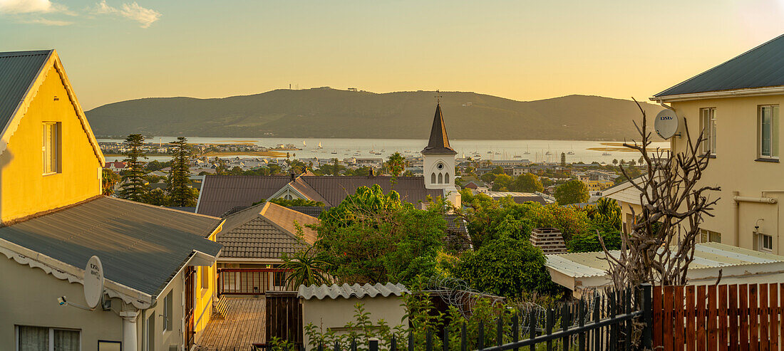 View of Knysna Kerk overlooking Knysna at sunset, Knysna, Garden Route, Western Cape, South Africa, Africa