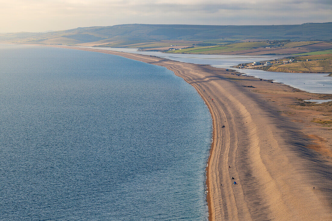 Elevated view of Chesil Beach at sunset, Jurassic Coast, UNESCO World Heritage Site, Dorset, England, United Kingdom, Europe