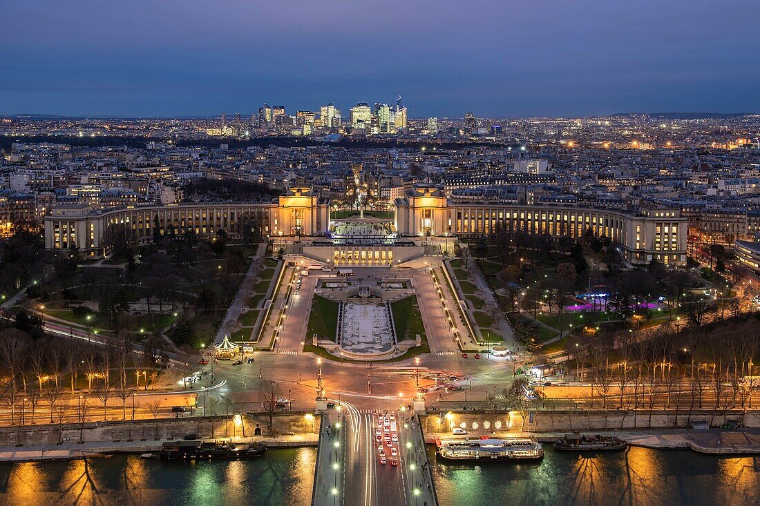 France, Paris (75), classified as UNESCO world heritage, general view by night of the Trocadéro from the Eiffel Tower