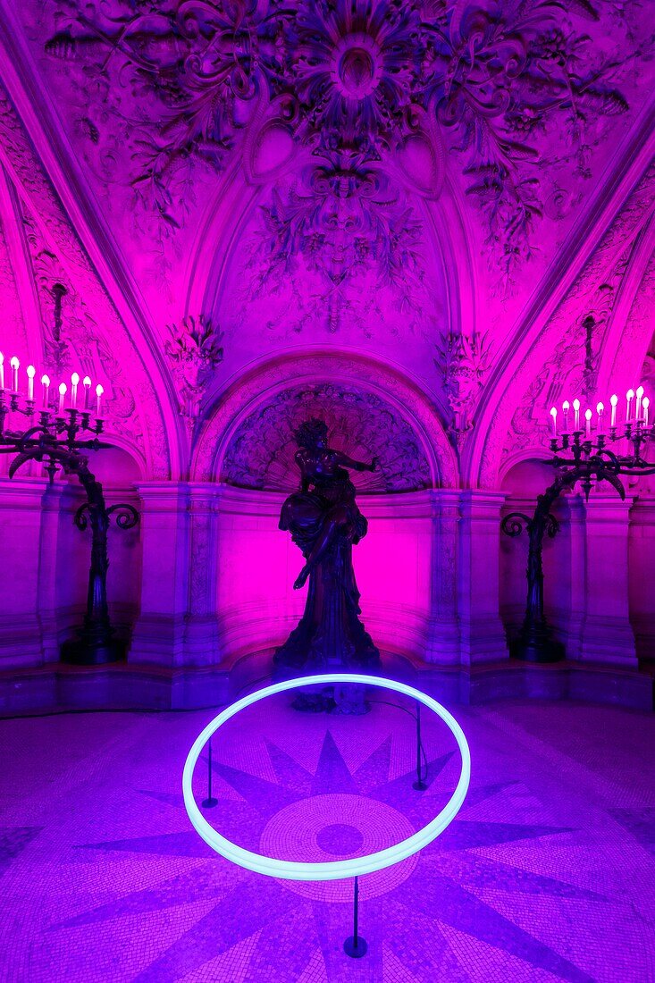 France, Paris, Garnier Opera house (1878) under the architect Charles Garnier in eclectic style, the Bassin de la Pythie at the bottom of the Grand staircase, sculpture rby Duchess of Castiglione Colonna