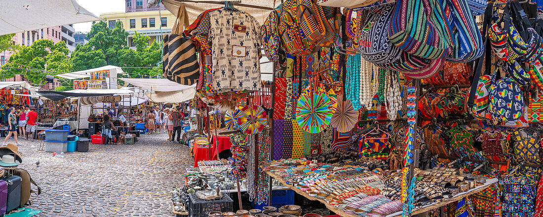 View of colourful souvenir stall on Greenmarket Square, Cape Town, Western Cape, South Africa, Africa