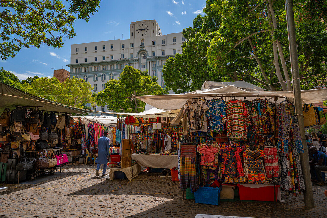 View of colourful souvenir stalls on Greenmarket Square, Cape Town, Western Cape, South Africa, Africa