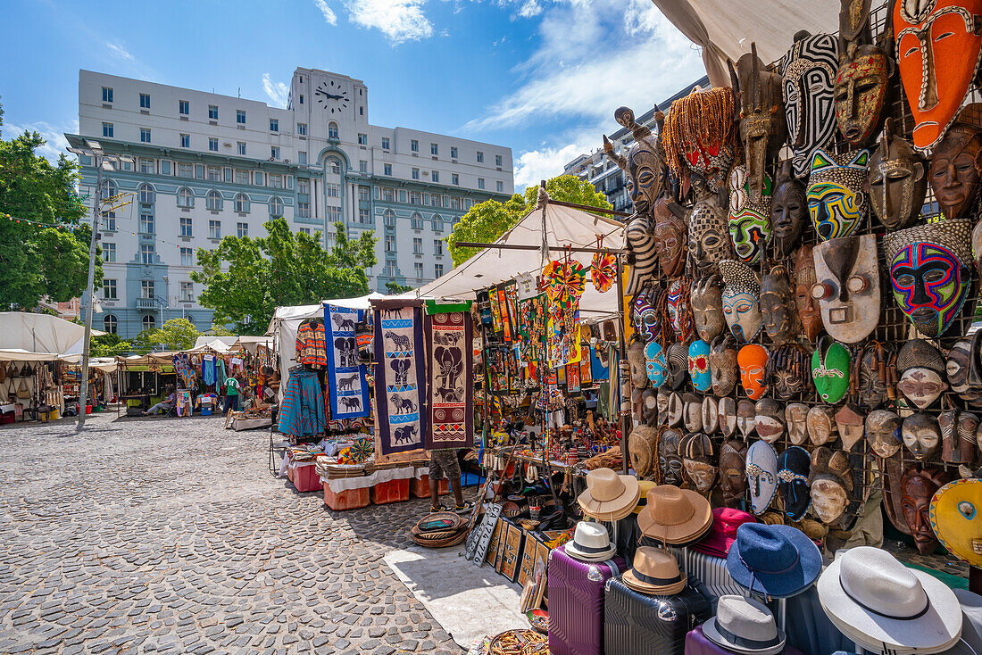 View of colourful souvenir stalls on Greenmarket Square, Cape Town, Western Cape, South Africa, Africa