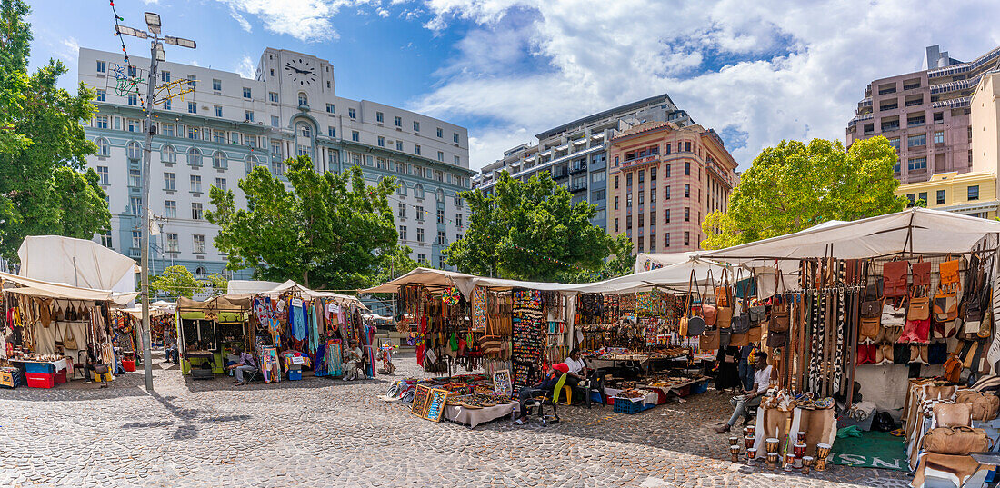 View of colourful souvenir stalls on Greenmarket Square, Cape Town, Western Cape, South Africa, Africa