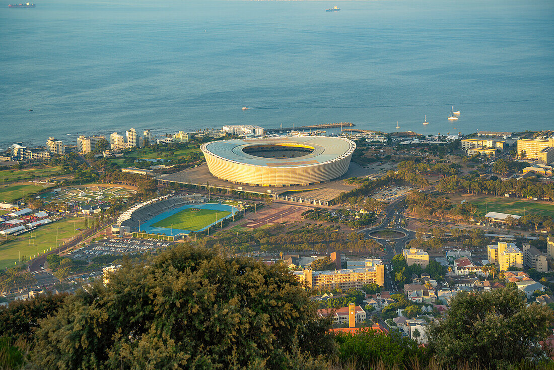 View of DHL Stadium in Cape Town from Signal Hill at sunset, Cape Town, Western Cape, South Africa, Africa