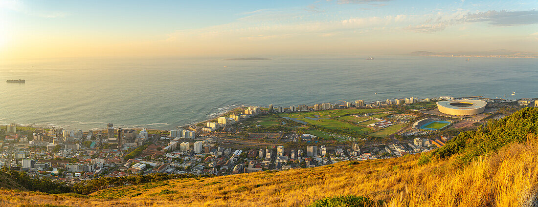 View of Sea Point and DHL Stadium in Cape Town from Signal Hill at sunset, Cape Town, Western Cape, South Africa, Africa