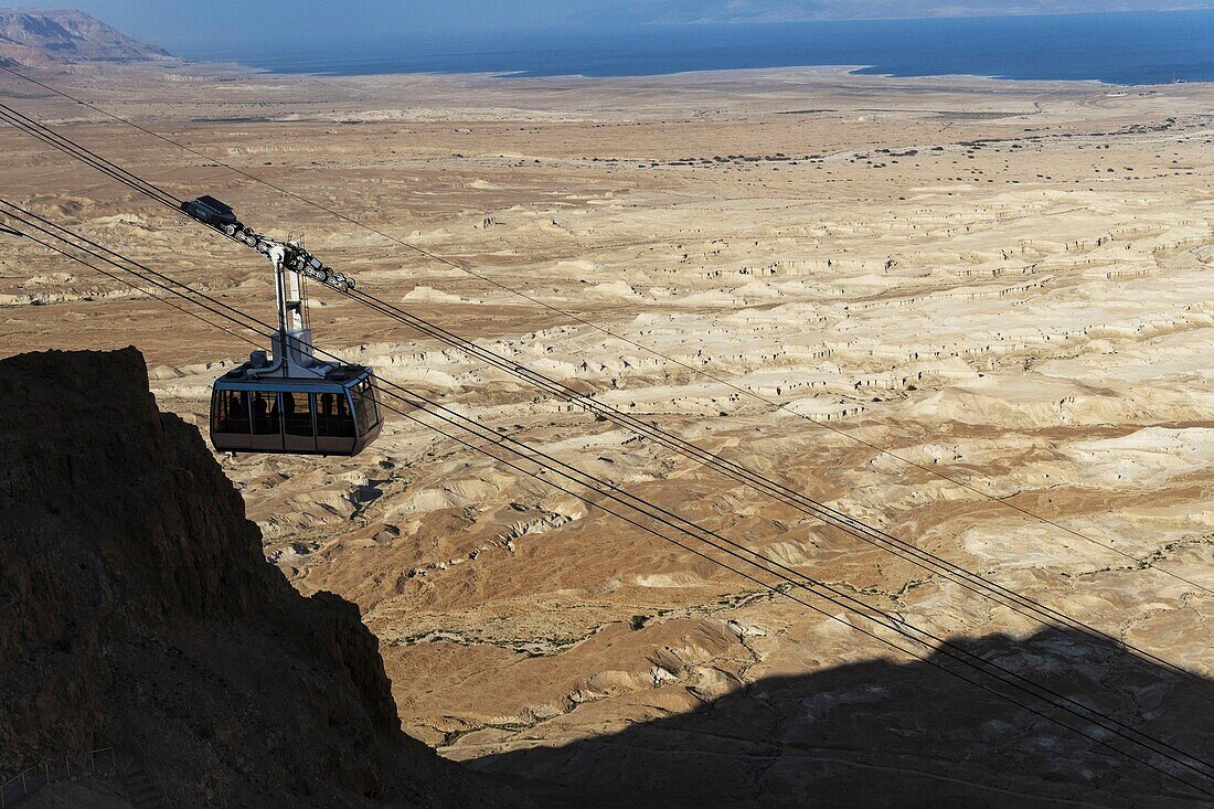 Israel, South District, Dead sea from Masada area and citadel at the World Heritage of UNESCO, cable car from Citadel to museum