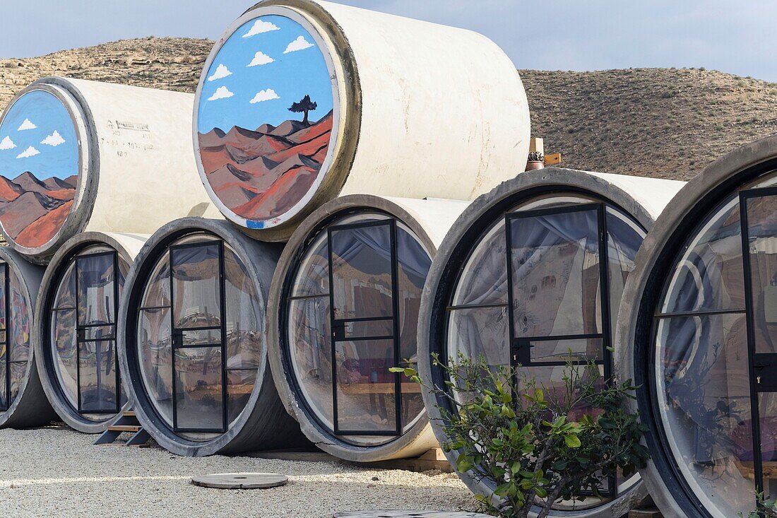 Israel, South District, pipe room, accomodation for tourists in a farm area of Mitzpe Ramon