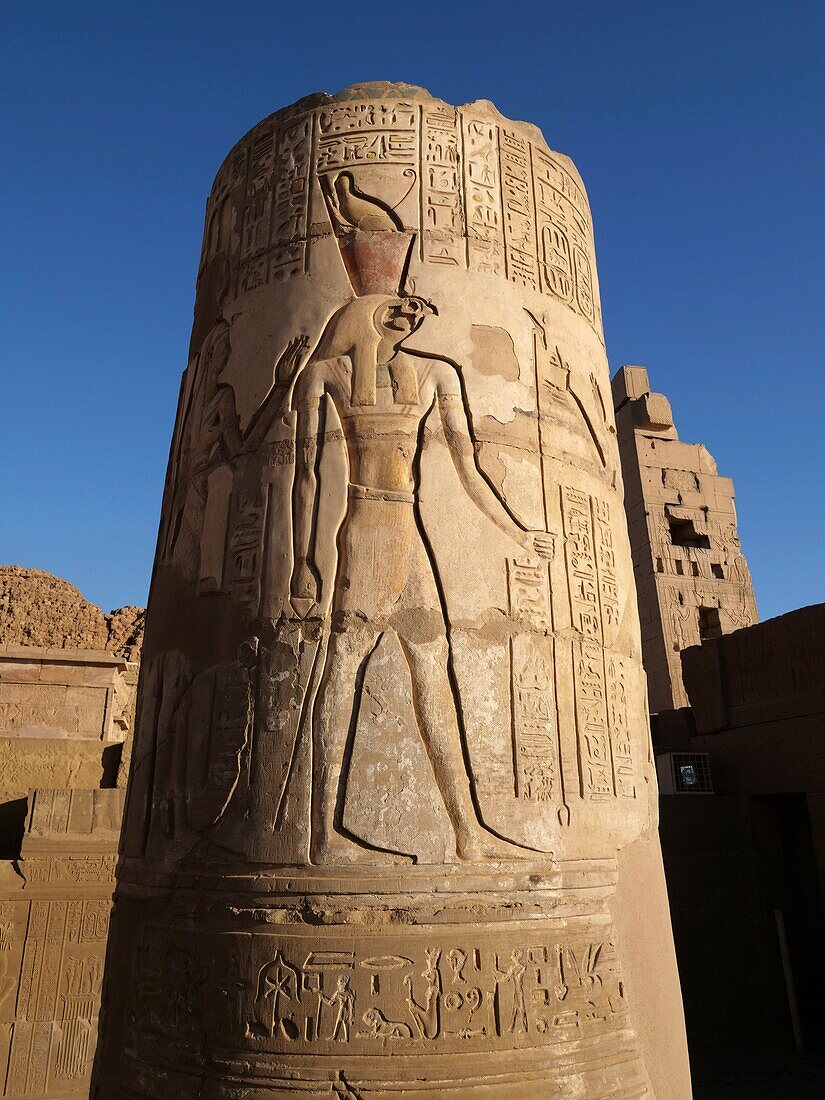 Egypt, Upper Egypt, Nile Valley, Bas relief in Kom Ombo temple dedicated to the crocodile-headed god Sobek