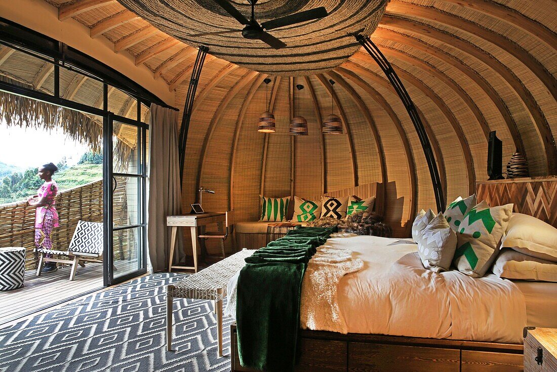 Rwanda, Volcanoes National Park, continuation of the Bisate Lodge, a lodge of the Wilderness Safaris hotel group, whose design is inspired by the former royal palace of Nyanza