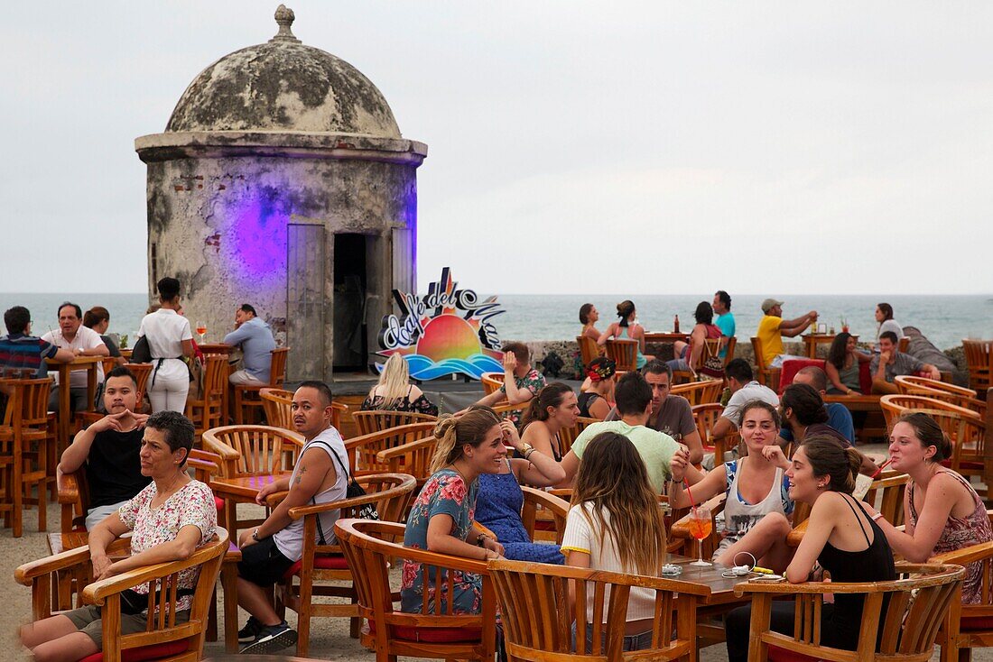 Colombia, Bolivar Department, Cartagena, listed as World heritage by UNESCO, Cafe del Mar, in front of the ramparts of the colonial city