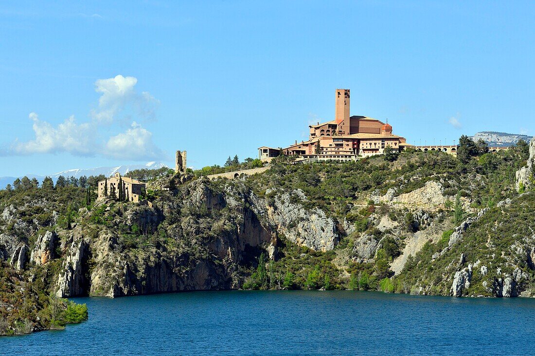 Spain, Aragon Region, Huesca Province, sanctuary of Torreciudad and turquoise water of the reserve of El Grado