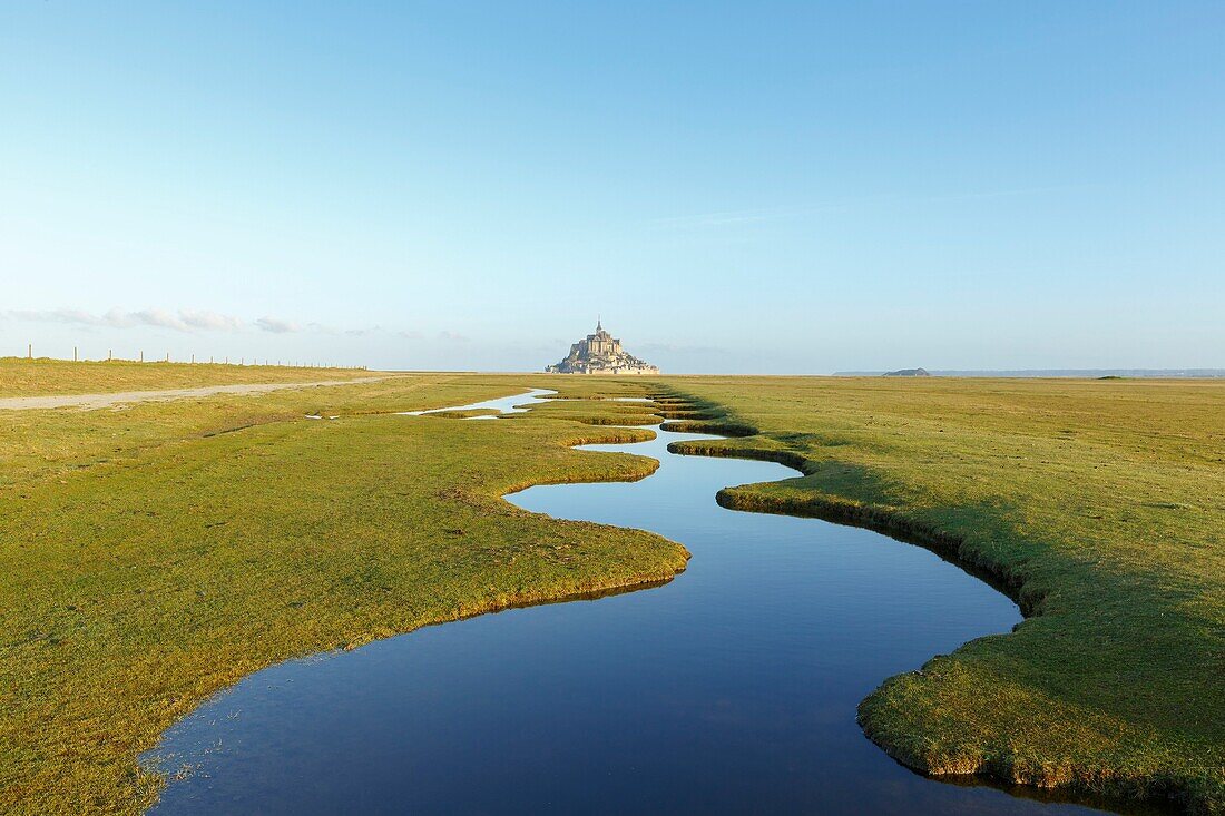 Frankreich, Manche, Bucht von Mont Saint Michel, von der UNESCO zum Weltkulturerbe erklärt, die Bucht und der Mont Saint Michel bei Herbsthochwasser von der Pointe du Grouin aus