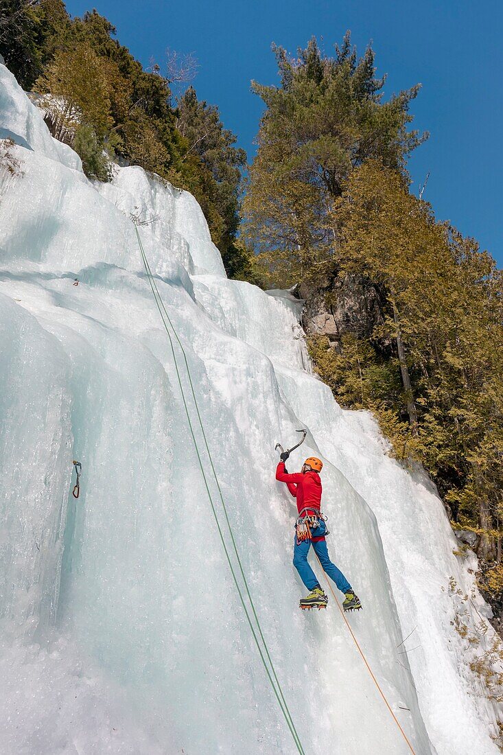 Canada, Quebec province, Mauricie region, Shawinigan and surrounding area, La Mauricie National Park, ice climbing site on frozen rock face