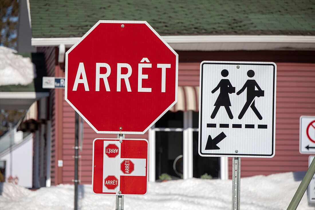 Canada, Quebec province, Mauricie region, Shawinigan and surrounding area, Sainte-Flore village in Grand-Mère, road signs, stop signs and pedestrian crosswalk