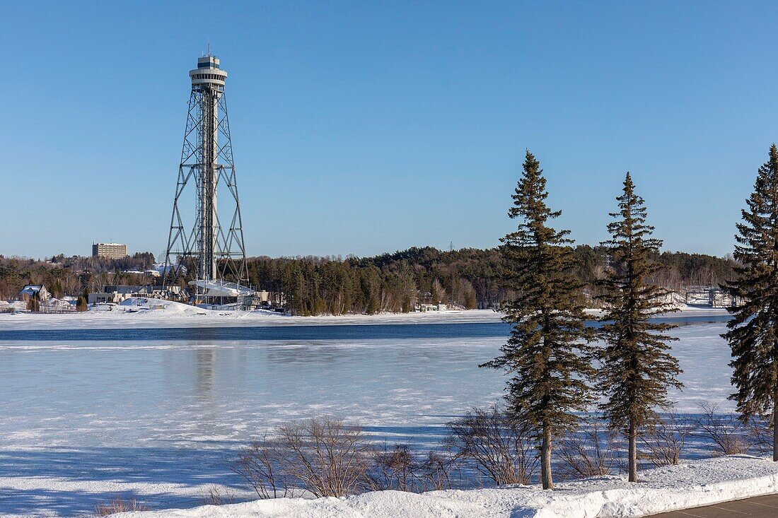 Canada, Quebec province, Mauricie region, Shawinigan and surrounding areas, the Cité de l'Energie and its observation tower on Melville Island in the middle of the Saint-Maurice River