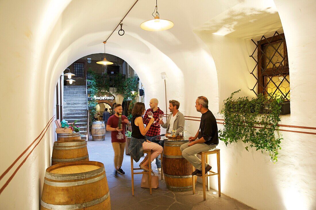 Italy, autonomous province of Bolzano, Merano, people enjoying wine in the vaulted passage of an oenotheque restaurant