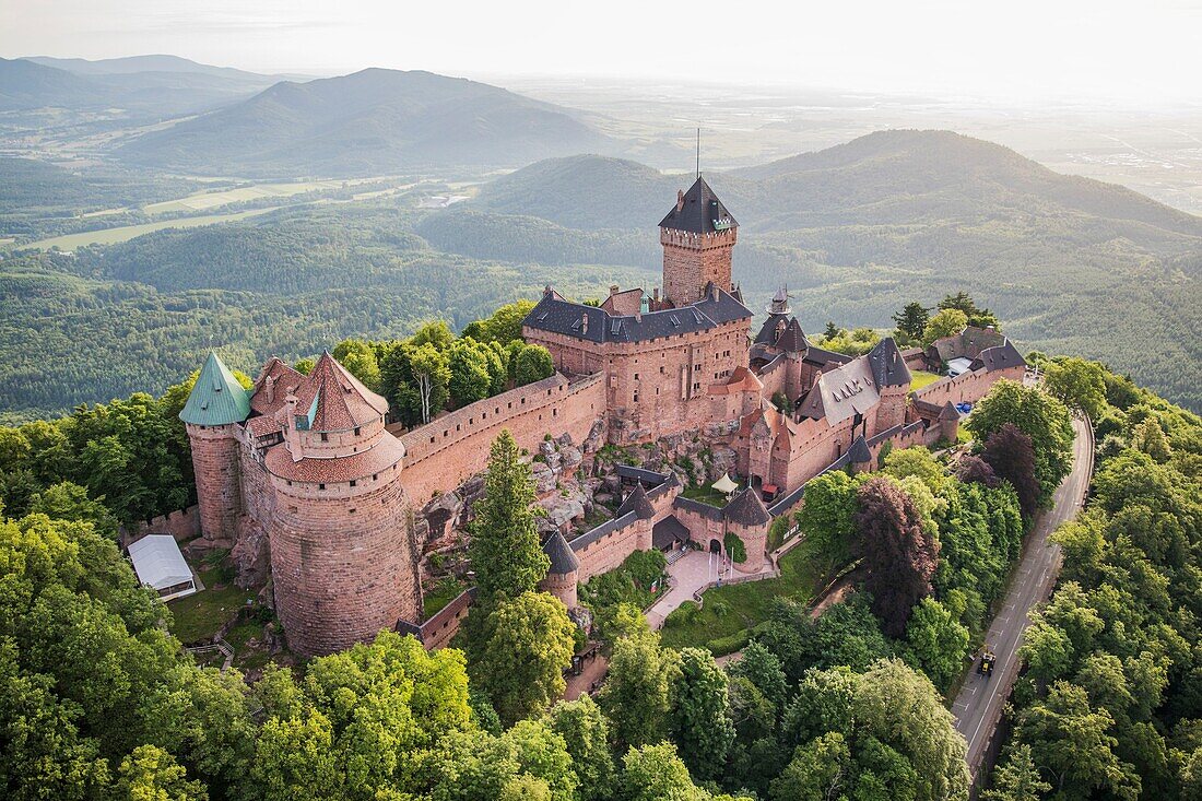 Frankreich, Bas Rhin, Orschwiller, Elsässer Weinstraße, Burg Haut Koenigsbourg (Luftbild)