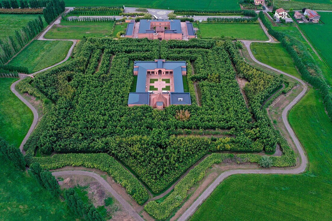 Italy, Emilia Romagna, Fontanellato near Parma, Labyrinth of the Masone (Labirinto della Masone) created by the Italian publisher Franco Maria Ricci, maze made up of more than 200,000 bamboos (aerial view)