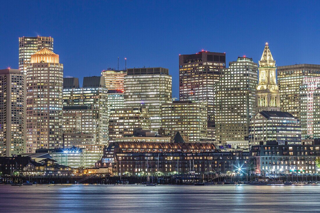 United States, New England, Massachusetts, Boston, city skyline from Boston Harbor, dusk