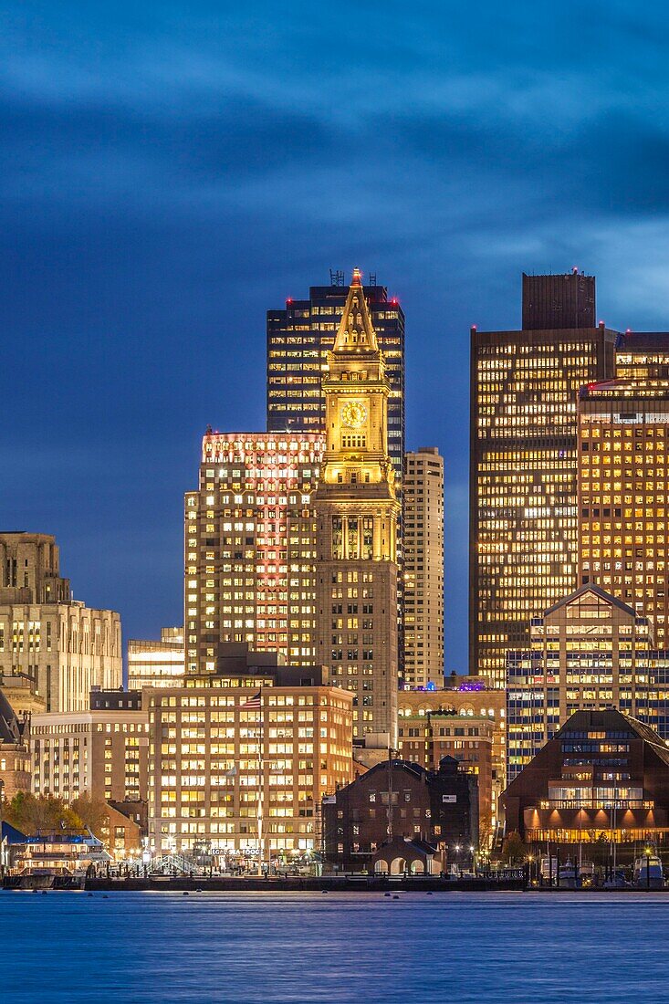 United States, New England, Massachusetts, Boston, city skyline from Boston Harbor, dusk