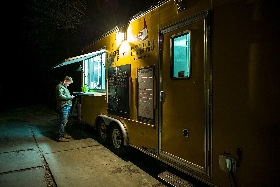 United States, New England, Massachusetts, Nantucket Island, Cisco, Cisco Brewery, food truck with patron