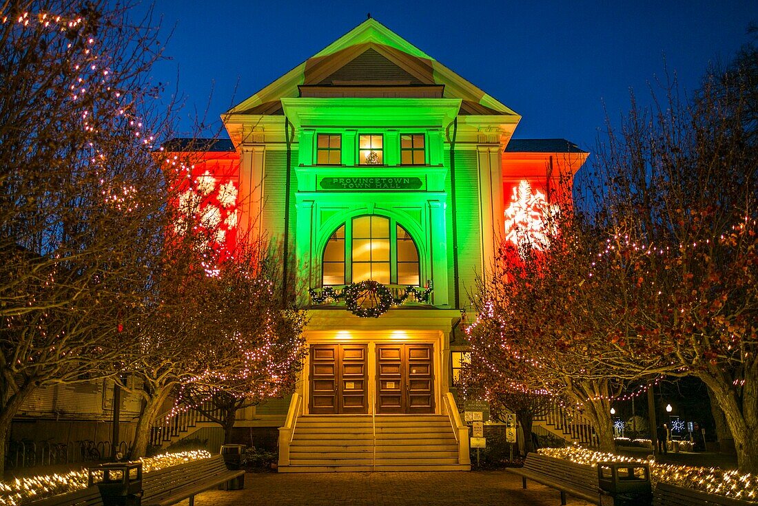 United States, New England, Massachusetts, Cape Cod, Provincetown, Provincetown City Hall, Christmastime, dusk