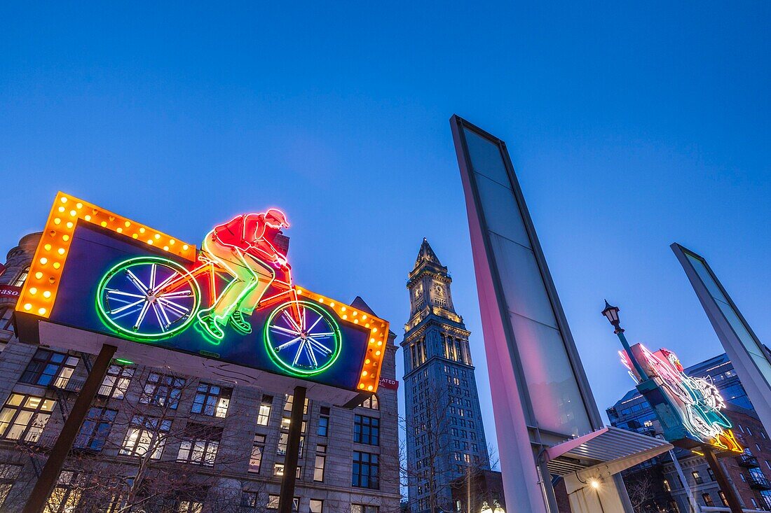 United States, New England, Massachusetts, Boston, antique neon signs along The Greenway, dusk