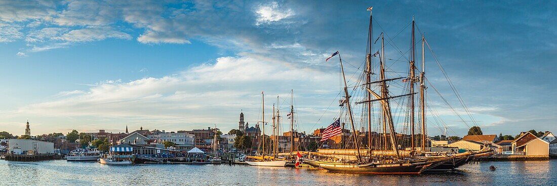 United States, New England, Massachusetts, Cape Ann, Gloucester, Gloucester Schooner Festival, schooners in Gloucester Harbor, dusk