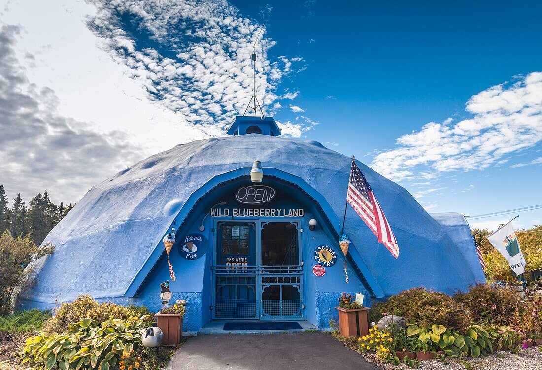 United States, Maine, Columbia Falls, Wild Blueberry World shop and sign, Maine blueberries are world famous