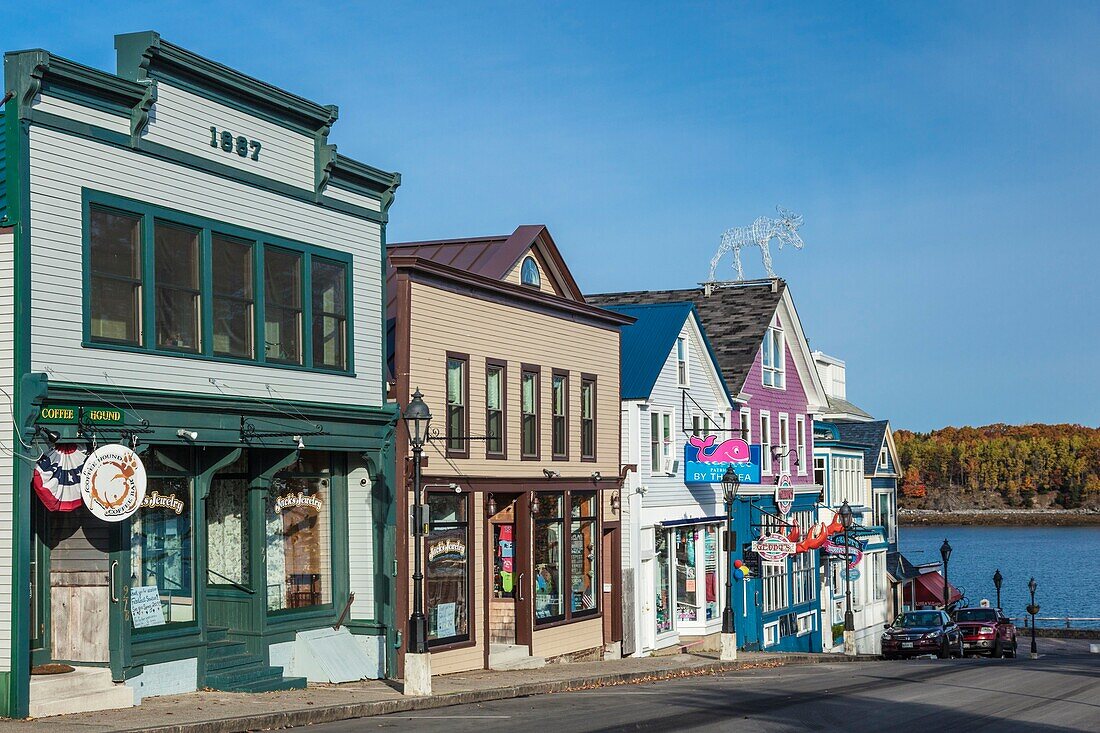 United States, Maine, Mt. Desert Island, Bar Harbor, restaurants along Main Street, autumn, morning