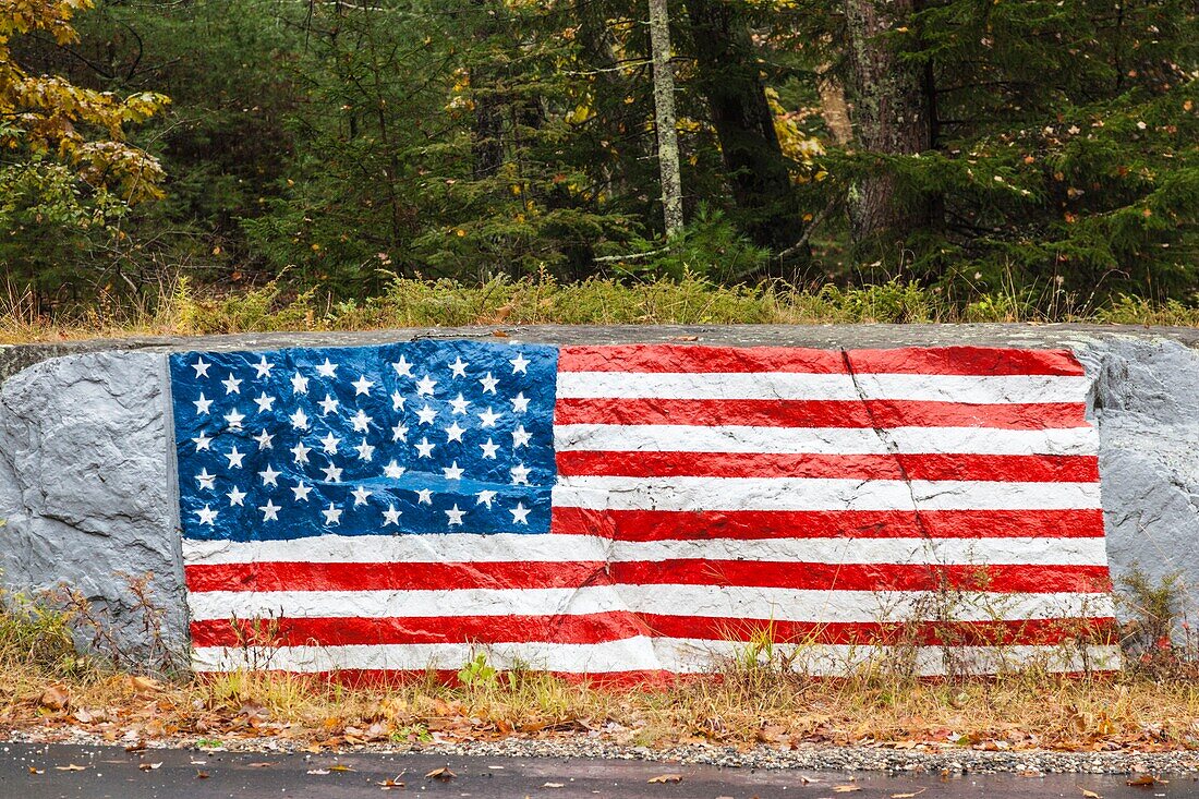 United States, Maine, Five Islands, US flag painted on rock